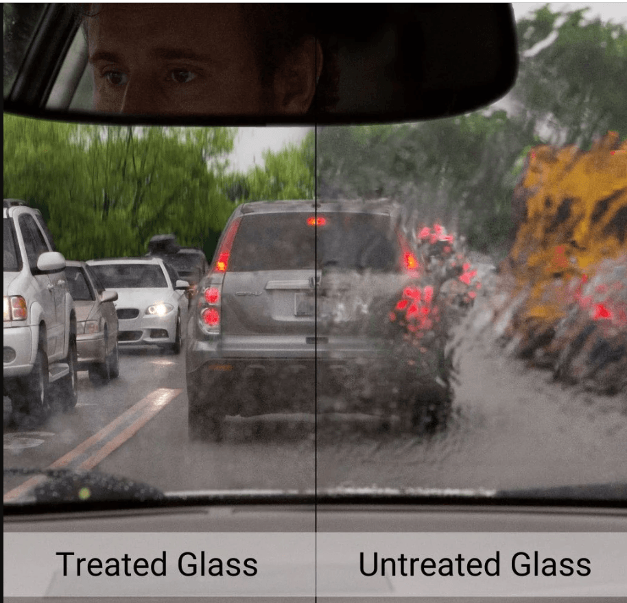 Windshield water repellent before and after comparison